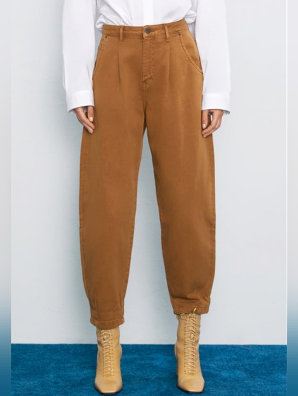 256-Zara Tan Brown High-Waist Tapered Crop Barrels Jeans Fits Small